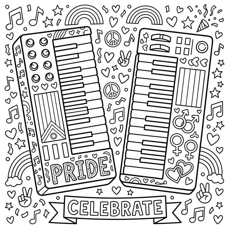 Express your creativity and celebrate love with this dynamic MIDI Keyboards Pride coloring page. Featuring musical instruments surrounded by festive rainbow, heart, and peace symbols, it's perfect for artists of all ages.