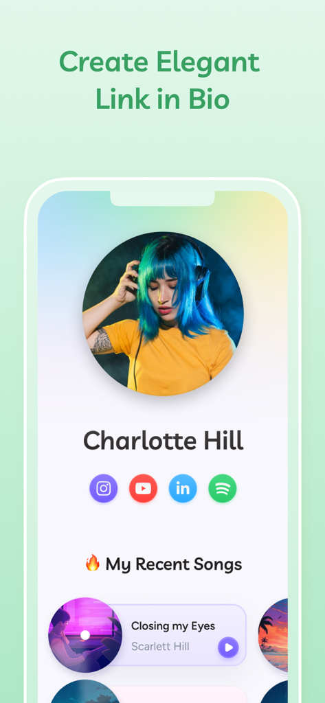 OpeninApp - Native App Opener - Un profil personnalisable de lien dans la bio pour les créateurs de contenu sur OpenInApp montrant des liens vers les réseaux sociaux et la musique