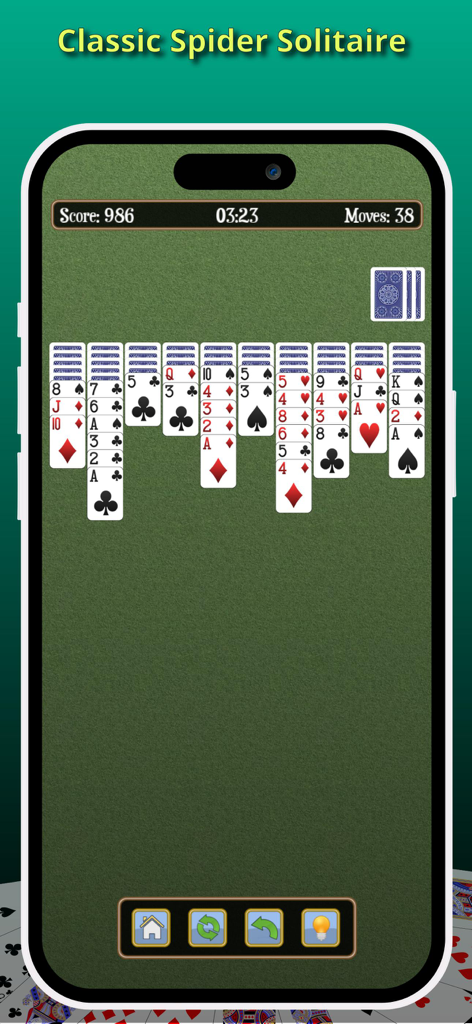 Black Widow - Spider Solitaire - Black Widow Spider Solitaire classic card game interface showing card stacks and game score on a mobile device