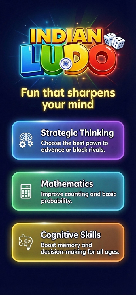 Indian Ludo, Ashta Chamma Game - Graphic showing the educational benefits of Indian Ludo including strategic thinking mathematics and cognitive skills