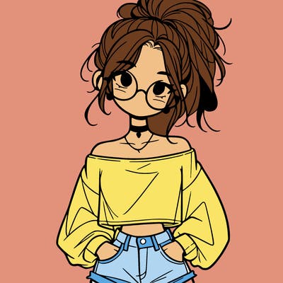 girl with a messy ponytail glasses a baggy crop top and jean shorts