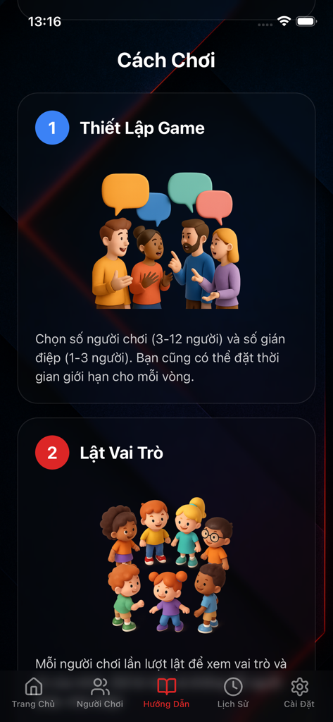 Écran "Comment jouer" du jeu de déduction sociale "Qui est l'espion" montrant les étapes de configuration du jeu et d'attribution des rôles.