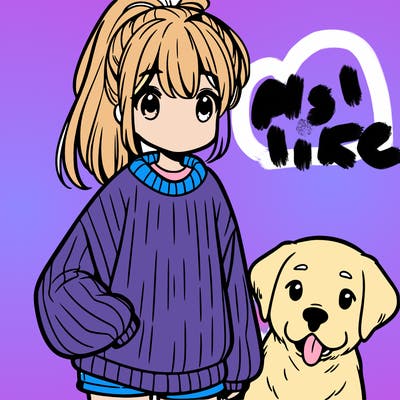 cute anime girl with baggy sweater and high ponytail with a golden labrador dog next to her