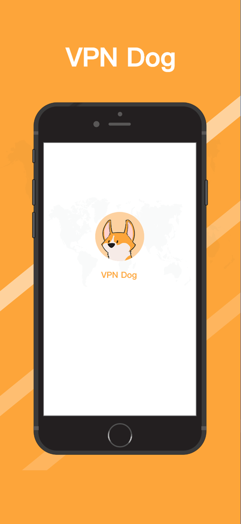 VPN Dog-Fast Unlimited Proxy - VPN Dog mobile app splash screen featuring a cartoon dog mascot on an iPhone with an orange background.