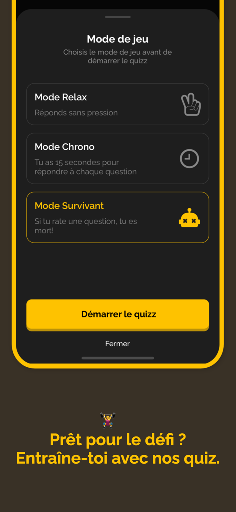 Yello-app - Yello app quiz game mode selection screen showing relax chrono and survivor modes for exam prep