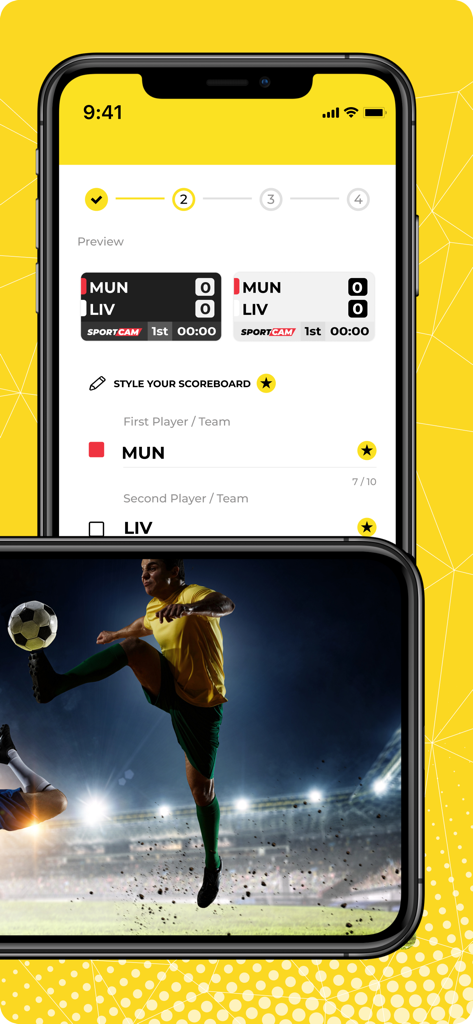 SportCam - Video & Scoreboard - Interfaccia dell'app SportCam che mostra le opzioni di stile del tabellone segnapunti e un'anteprima dal vivo di una partita di calcio.