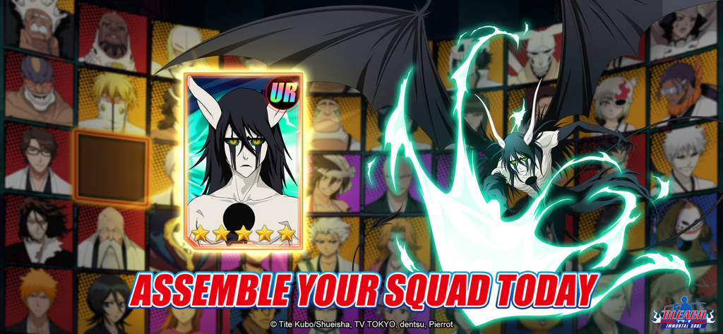 Ulquiorra UR character card in Bleach Immortal Soul with the text Assemble Your Squad Today