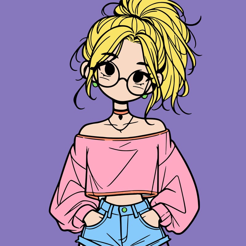 girl with a messy ponytail glasses a baggy crop top and jean shorts