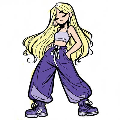 girl in baggy pants crop top and long hair