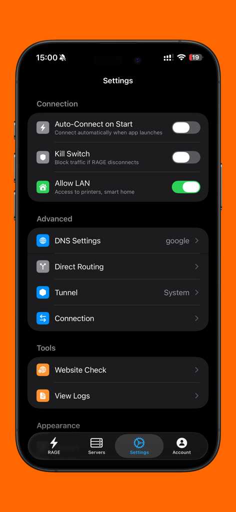 RAGE - Unlimited Access - Settings screen of the RAGE app showing connection controls and advanced network options