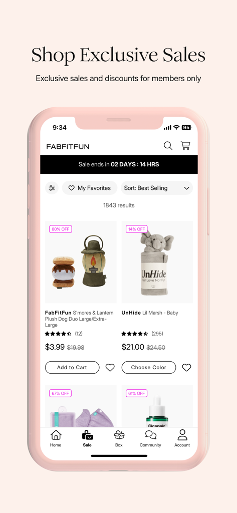 FabFitFun - Beauty, Fashion - FabFitFun app interface displaying exclusive discounted products for members including pet toys and home goods.