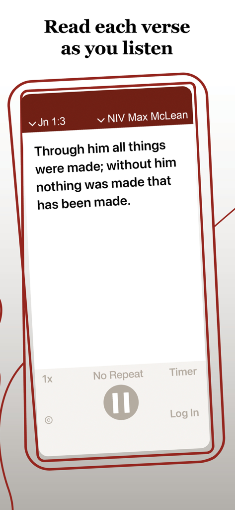Mobile app screen showing synchronized Bible text and audio player for reading while listening.
