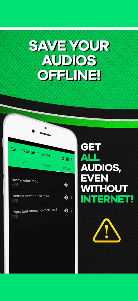 Interfaz de la aplicación La Voz del Narrador que muestra archivos de audio guardados disponibles para uso sin conexión