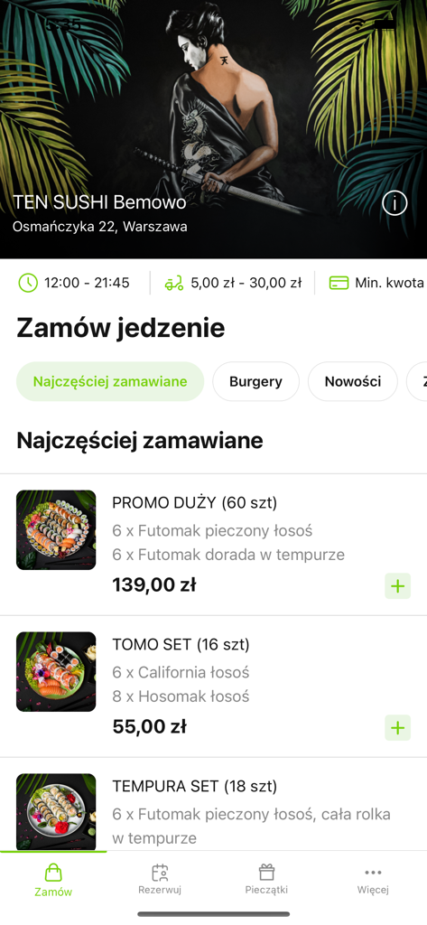 TenSushi Mobile-App-Oberfläche mit verschiedenen Sushi-Sets und Lieferinformationen