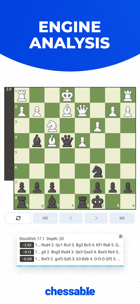 Interface de l'application Chessable montrant l'analyse du moteur Stockfish pour l'évaluation des coups sur un échiquier.