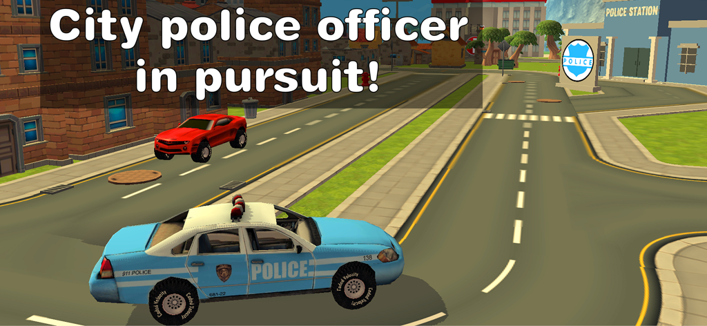 Police Car Race Chase Sim 911 - Un coche de policía azul persiguiendo a un coche deportivo rojo por una calle de la ciudad en 3D frente a una comisaría.