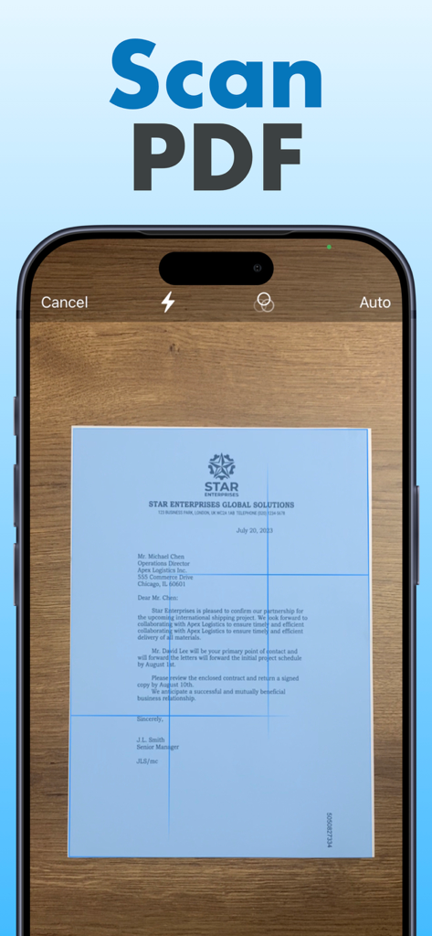 iPhone scanning a business letter using the Docu AI app scanner with automatic edge detection