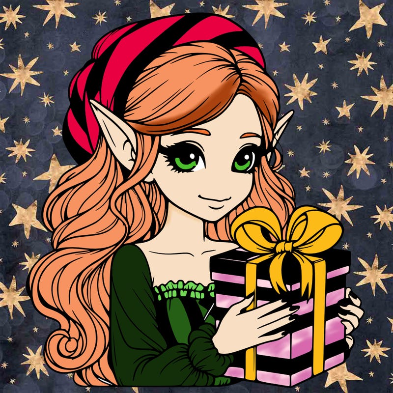 realistic girl with elf ears with a gift box