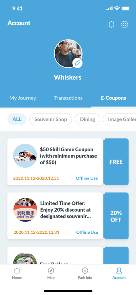 Ocean Park Hong Kong - Ocean Park Hong Kong app account screen displaying available e-coupons and shopping discounts