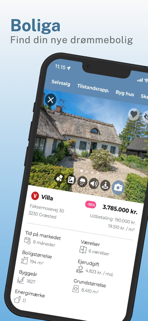 Boliga - Mobile phone screen showing a detailed villa listing on the Boliga real estate app with price and property data