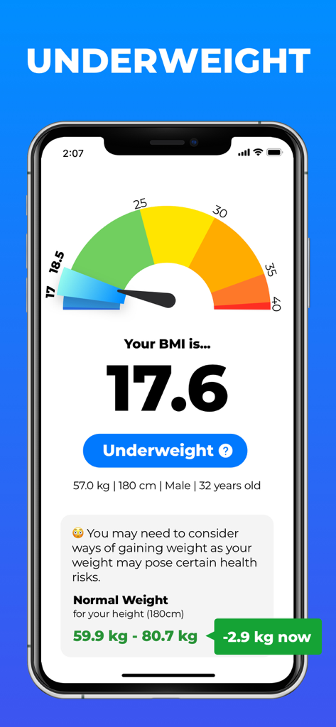 BMI Calculator: Weight Tracker - BMI Calculator app interface showing an underweight result of 17.6 with a color-coded gauge and health advice.