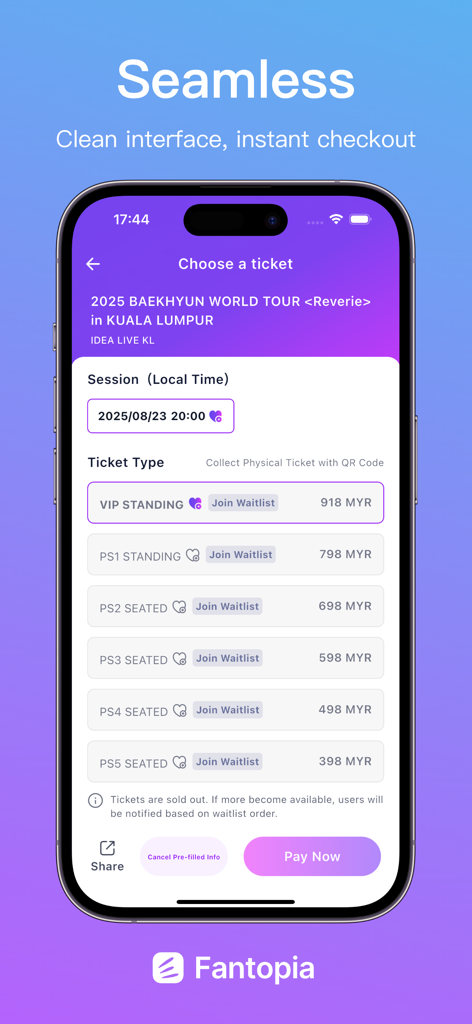 Fantopia Ticketing app interface showing different ticket categories and waitlist options for a world tour concert