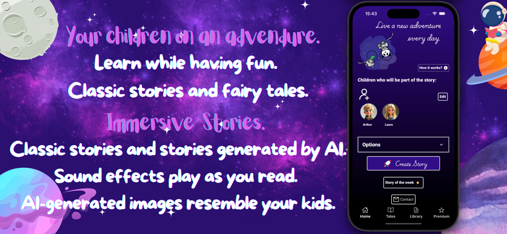 Bedtime AI Story Creator. - Promotional graphic for RocketTales app showcasing AI-generated personalized stories and sound effects on a space-themed background