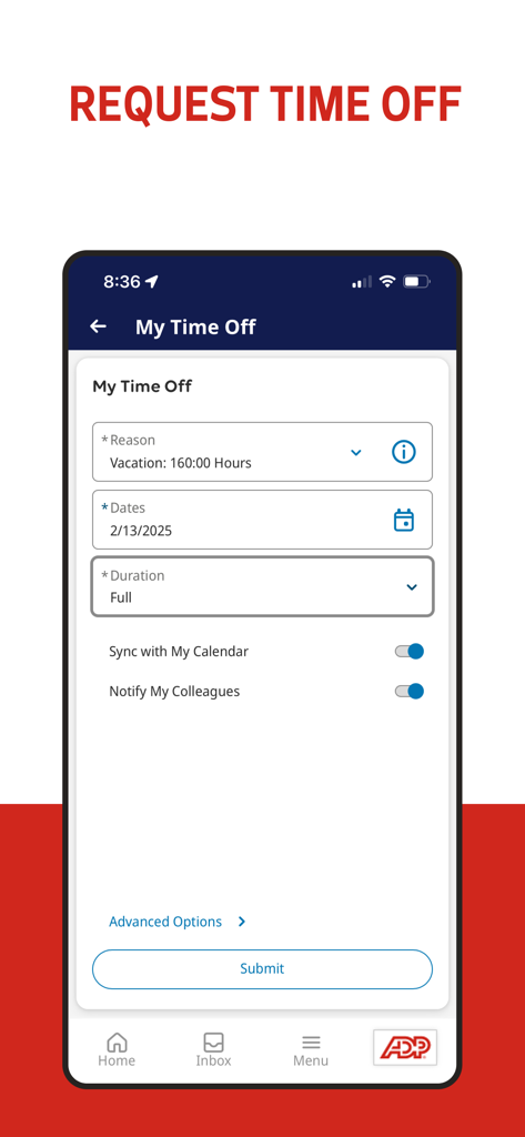 ADP My Work - ADP My Work app screen for requesting time off with vacation details and submit button
