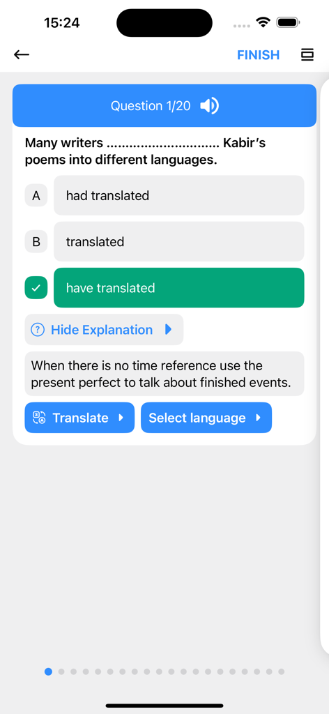 English Grammar Practice Skill - Pantalla de cuestionario de gramática inglesa que muestra una pregunta de opción múltiple con una explicación detallada de la regla gramatical.