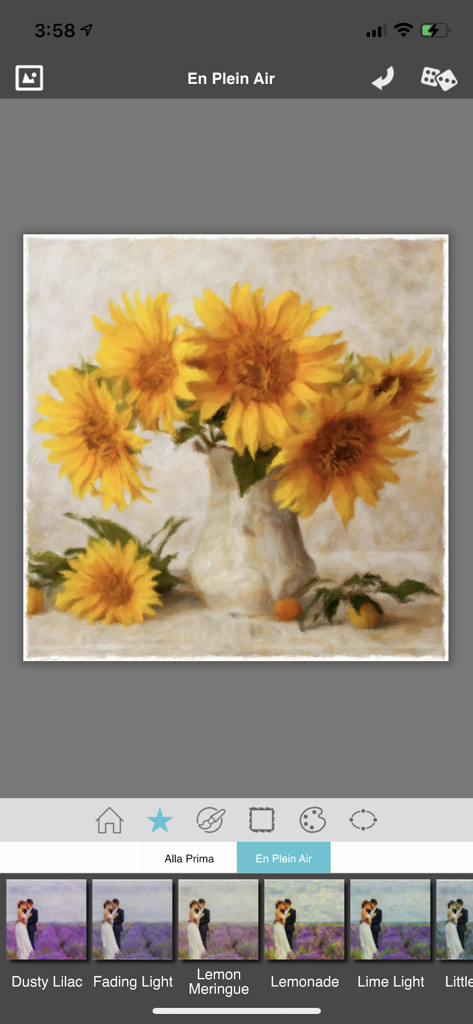 Artista Impresso - Una pintura impresionista digital de girasoles en un jarrón dentro de la interfaz de la aplicación Artista Impresso