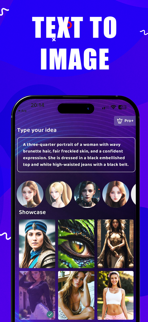 AI Image Art - Photo Generator - Interfaz de la aplicación AI Image Art mostrando el campo de indicación de texto a imagen y una galería comunitaria de retratos generados por IA.