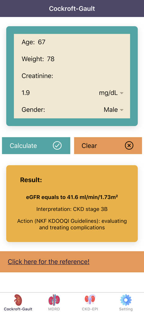 Interface of the eGFR Calculators Pro app showing a Cockroft-Gault formula result and CKD stage 3B interpretation.