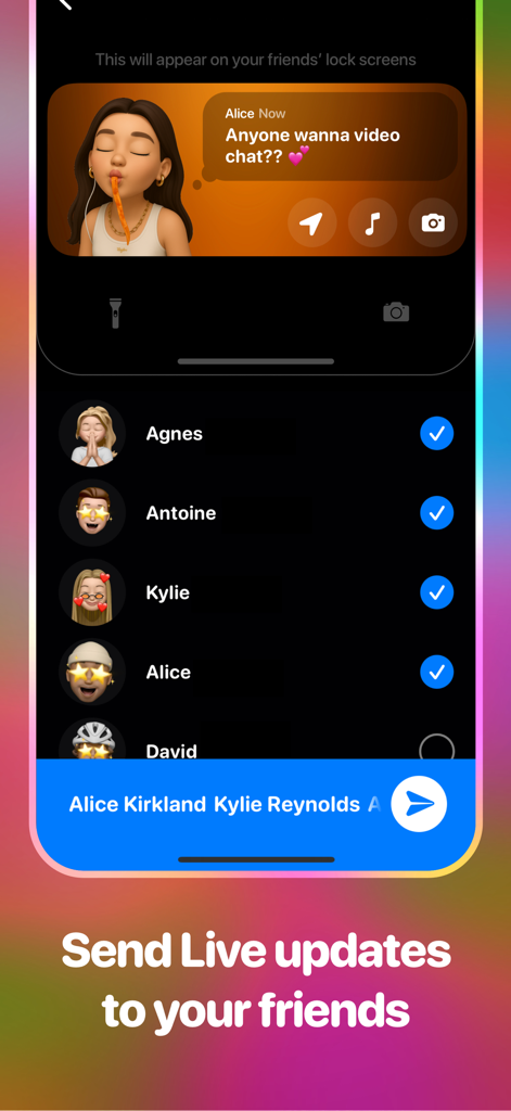Vibes - BFF mood tracker - A mobile interface for the Vibes app showing a user selecting friends to send a live status update to their lock screens