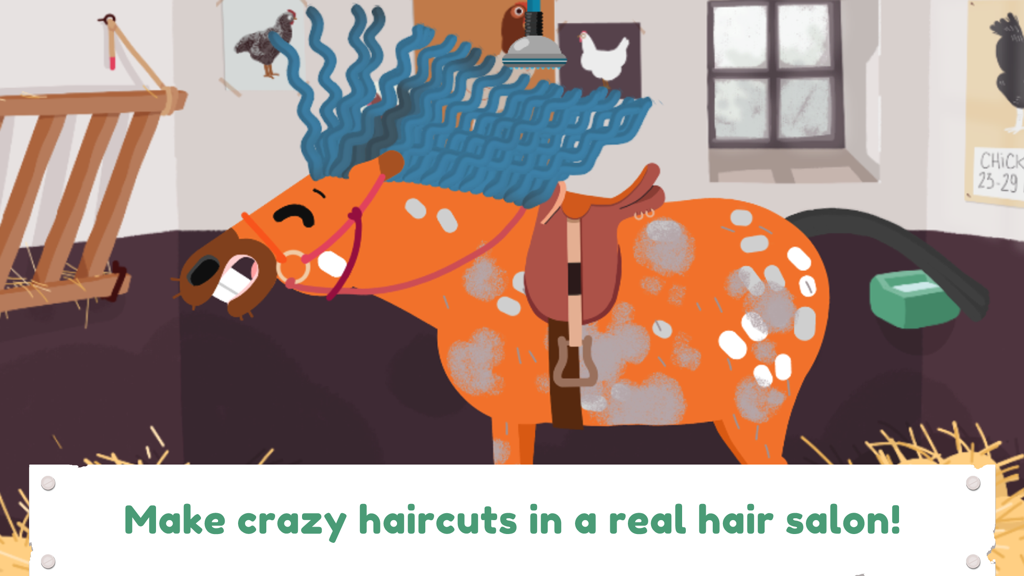 Pony Style Box - A cartoon pony with crazy blue hair in a stable setting from the Pony Style Box app