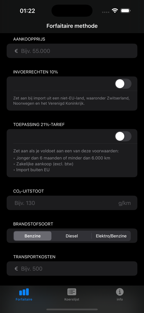 Interfaz de aplicación móvil para calcular el impuesto de importación de vehículos en los Países Bajos con campos para el precio de compra y las emisiones de CO2