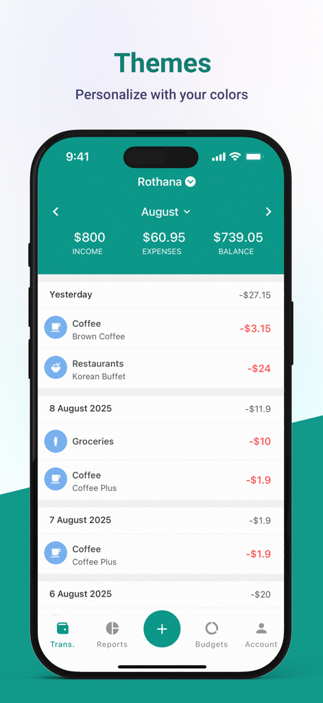 Jamnay expense tracker app interface showing transaction list and customizable teal theme