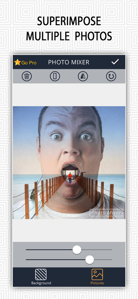 A creative photo edit showing superimposed images in the Ultimate Photo Mixer Blender app interface