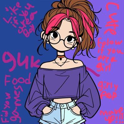 girl with a messy ponytail glasses a baggy crop top and jean shorts