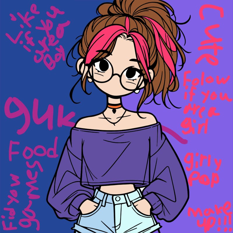 girl with a messy ponytail glasses a baggy crop top and jean shorts