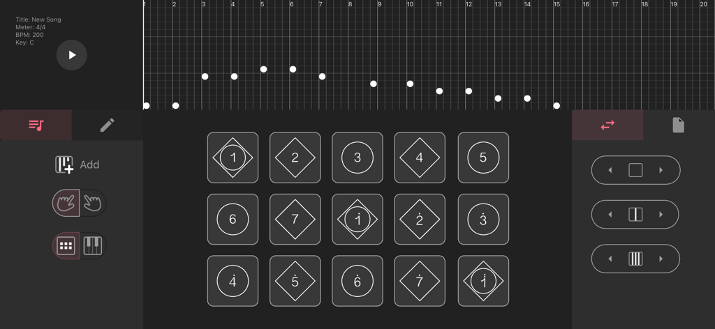 Interface of the SkyScores app showing a music composition grid and diamond-shaped instrument buttons