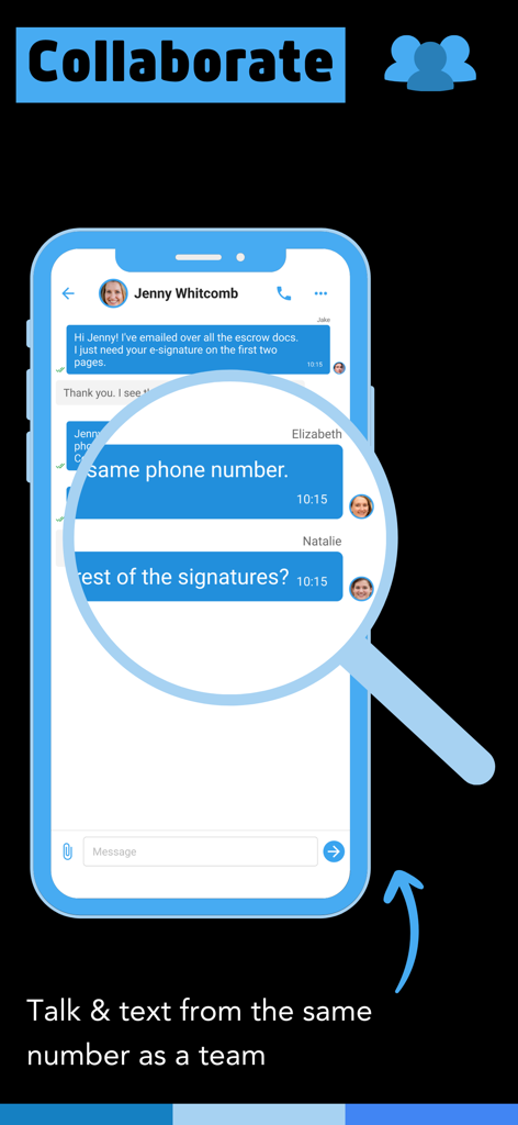Phone2: Business Phone Number - Phone2 app interface showing multiple team members communicating through a single shared business phone number.