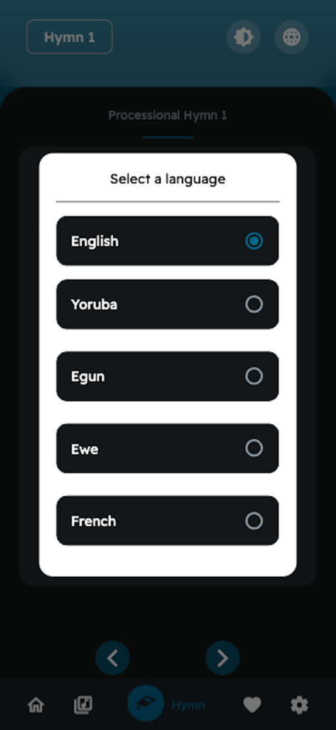 Language selection screen in the CCC NAP Hymns app featuring English Yoruba Egun Ewe and French options