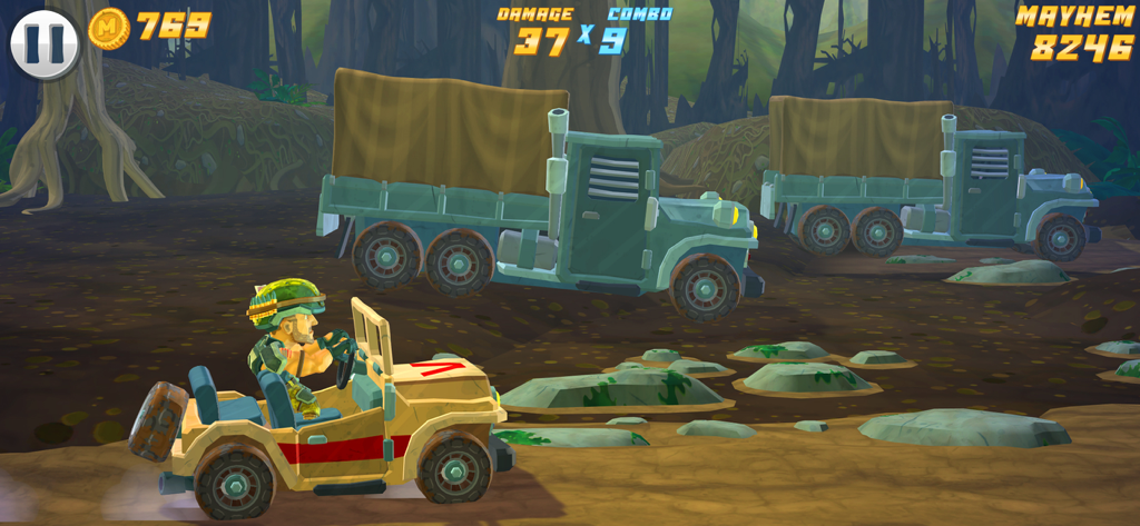 Major Mayhem 2: Action Hero - Major Mayhem driving a military jeep past trucks in a jungle environment