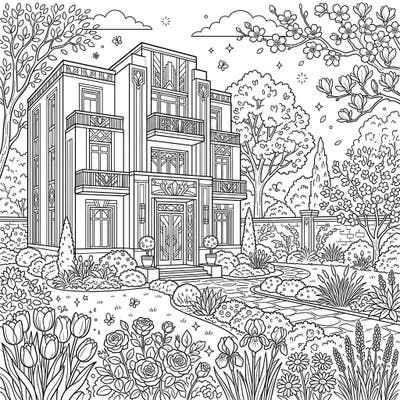Immerse yourself in the elegance of a beautiful Art Deco mansion set amidst a lively spring garden. This detailed coloring page offers a delightful escape into architectural beauty and floral charm.