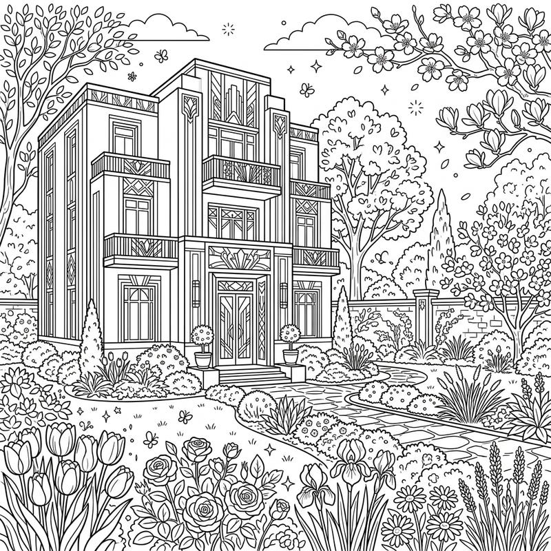 Immerse yourself in the elegance of a beautiful Art Deco mansion set amidst a lively spring garden. This detailed coloring page offers a delightful escape into architectural beauty and floral charm.