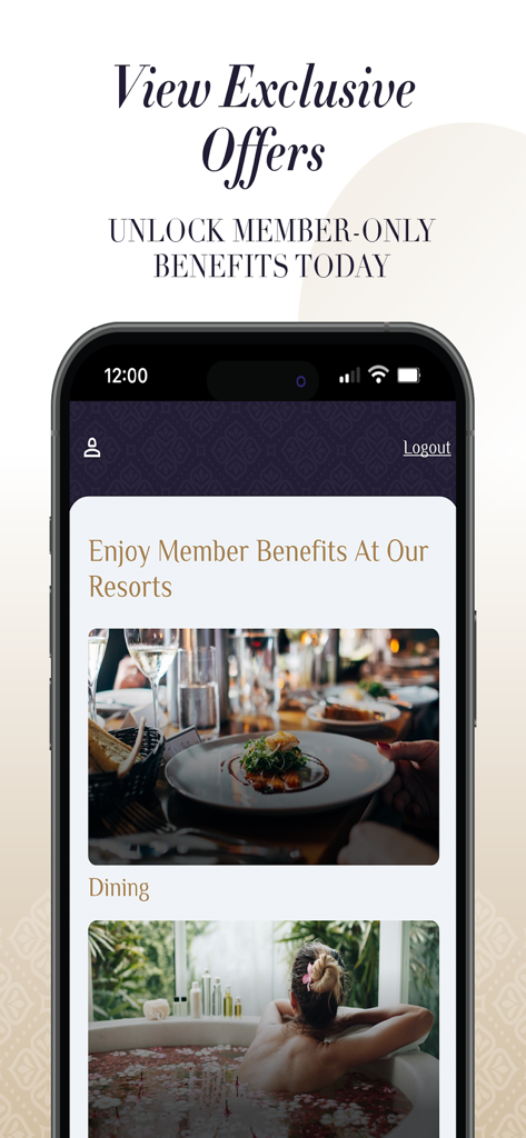 Interfaz de la aplicación Club Wyndham Asia que muestra beneficios exclusivos de resort solo para miembros para gastronomía y bienestar.