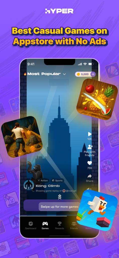 Hyper app interface showing a variety of casual games and the promise of an ad-free experience