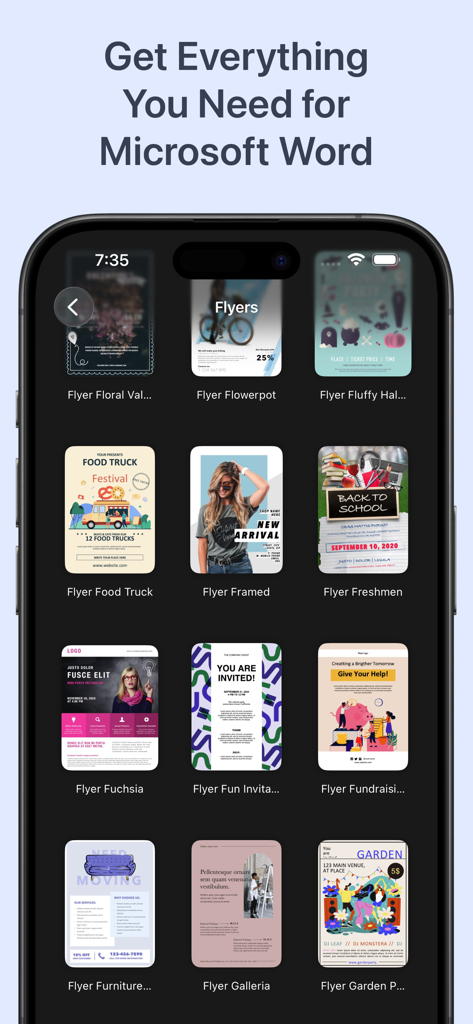 Toolbox for Microsoft Word - A selection of creative flyer templates for Microsoft Word displayed in a mobile app gallery.