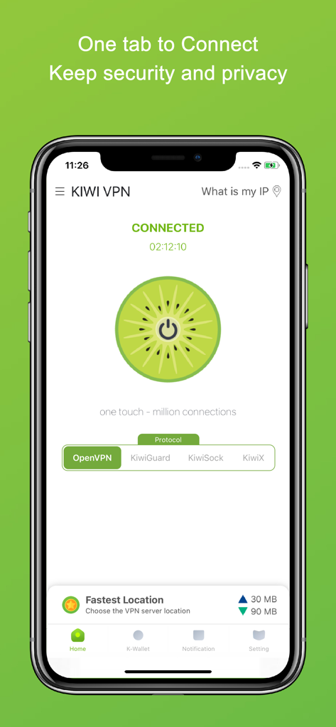 Aplicativo Kiwi VPN em um iPhone mostrando uma conexão bem-sucedida com um ícone de kiwi