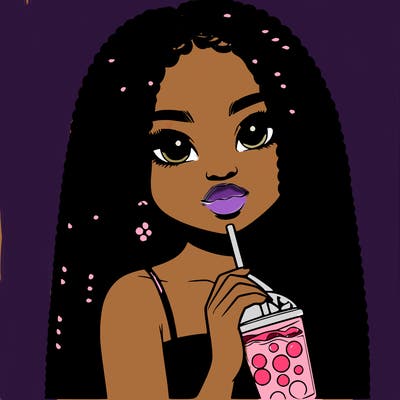 realistic girl holding a boba with braided hair